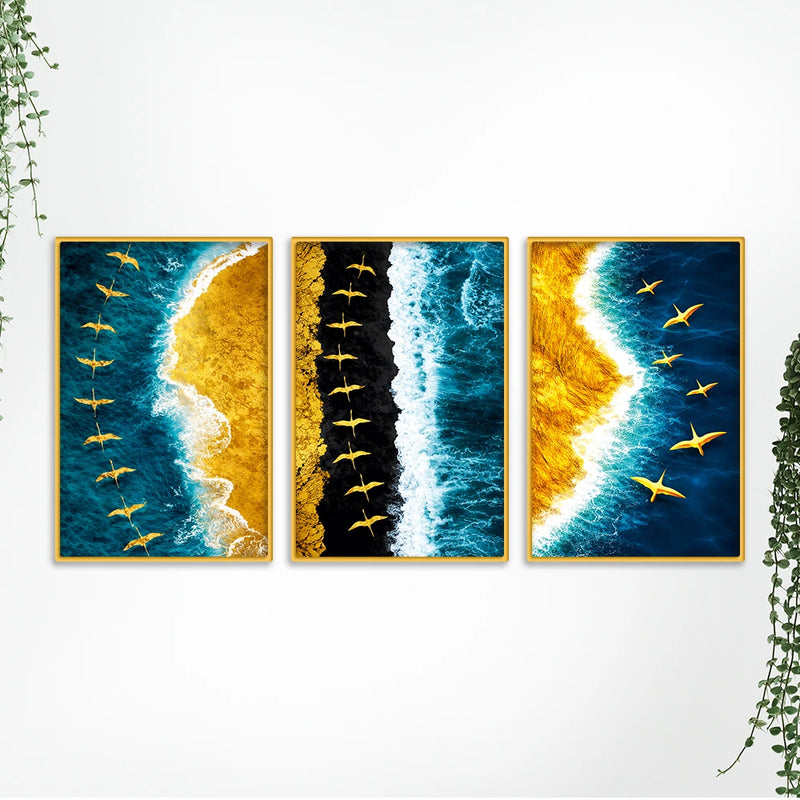 Premium Ocean Waves and Birds Canvas Wall Art Painting Set of Three
