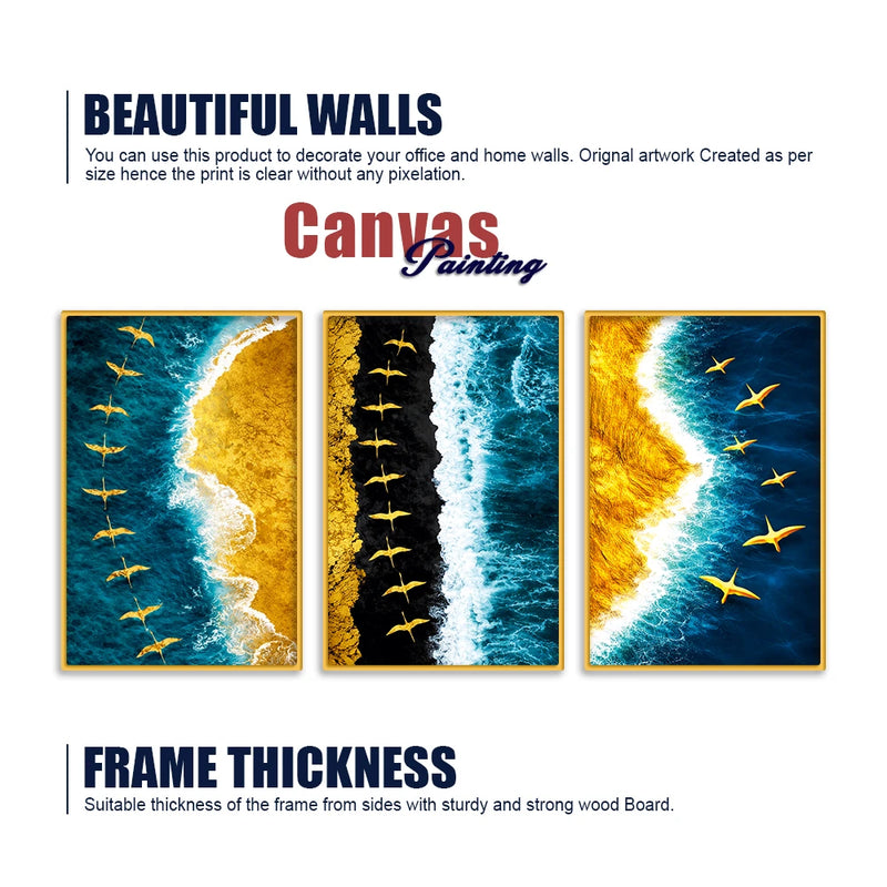 Premium Ocean Waves and Birds Canvas Wall Art Painting Set of Three