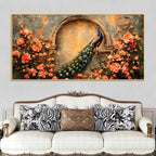 Premium Peacock and Blooming Flowers Canvas Wall Art Painting