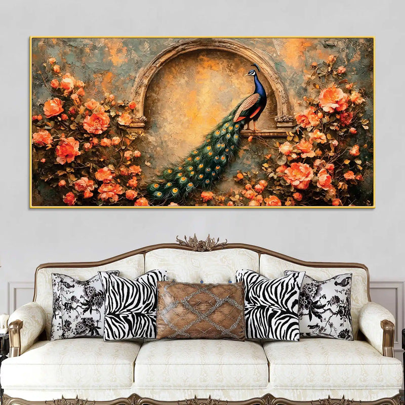 Premium Peacock and Blooming Flowers Canvas Wall Art Painting
