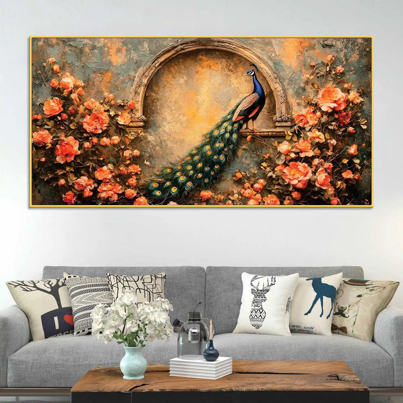Premium Peacock and Blooming Flowers Canvas Wall Art Painting