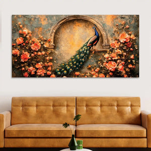 Premium Peacock and Blooming Flowers Canvas Wall Art Painting