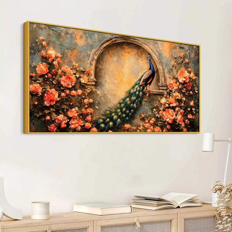 Premium Peacock and Blooming Flowers Canvas Wall Art Painting