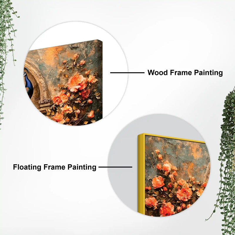 Premium Peacock and Blooming Flowers Canvas Wall Art Painting