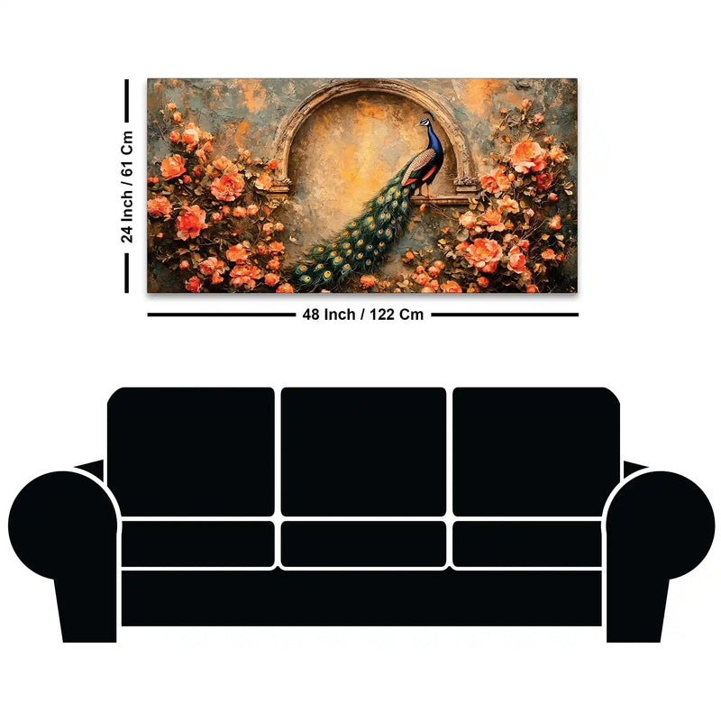 Premium Peacock and Blooming Flowers Canvas Wall Art Painting