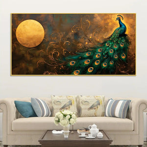 Premium Peacock Full Moon Night Scene Canvas Wall Painting