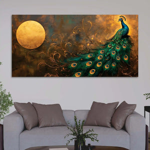 Premium Peacock Full Moon Night Scene Canvas Wall Painting