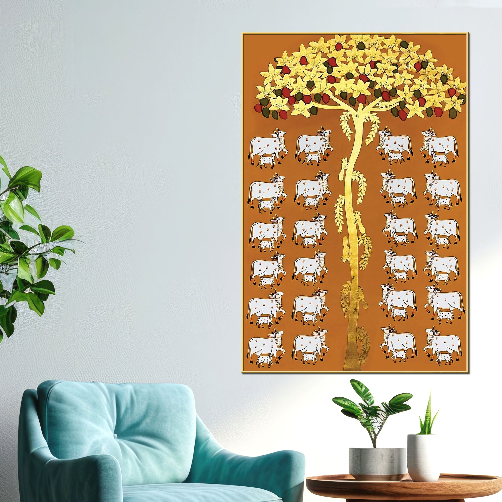 Premium Pichwai Cow Tree Wall Painting | Indian Traditional Canvas Decor