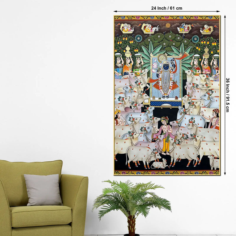 Premium Pichwai Shreenathji Temple Scene Canvas Wall Painting