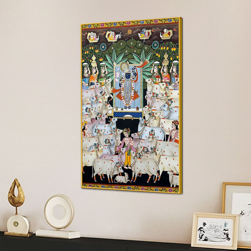 Premium Pichwai Shreenathji Temple Scene Canvas Wall Painting