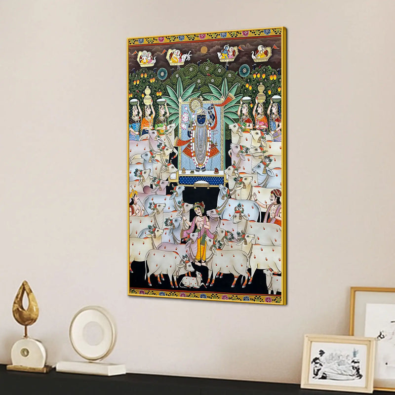 Premium Pichwai Shreenathji Temple Scene Canvas Wall Painting