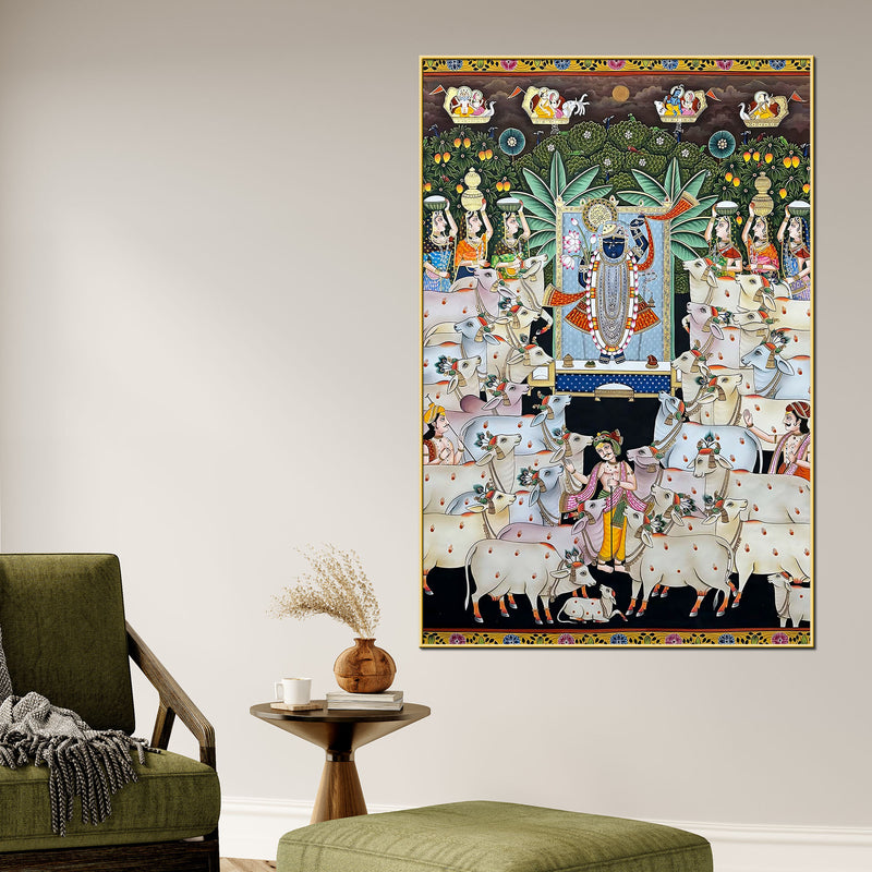 Premium Pichwai Shreenathji Temple Scene Canvas Wall Painting