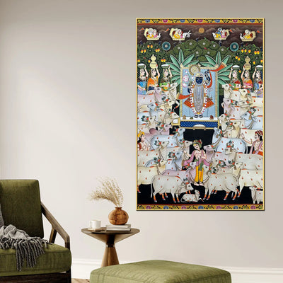 Premium Pichwai Shreenathji Temple Scene Canvas Wall Painting