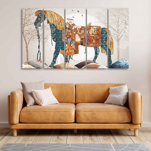 Premium Quality Wall Painting of Patterned Horse of Five Pieces