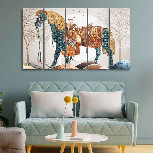 Premium Quality Wall Painting of Patterned Horse of Five Pieces