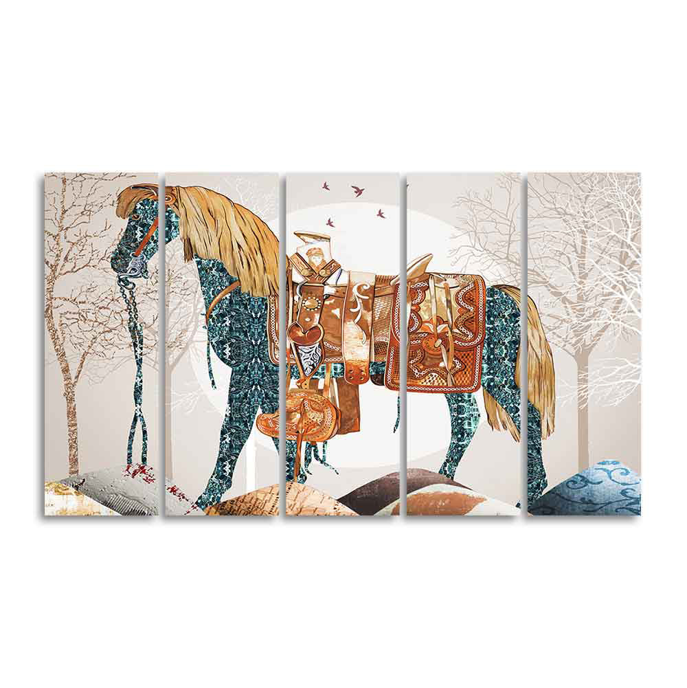 Premium Quality Wall Painting of Patterned Horse of Five Pieces