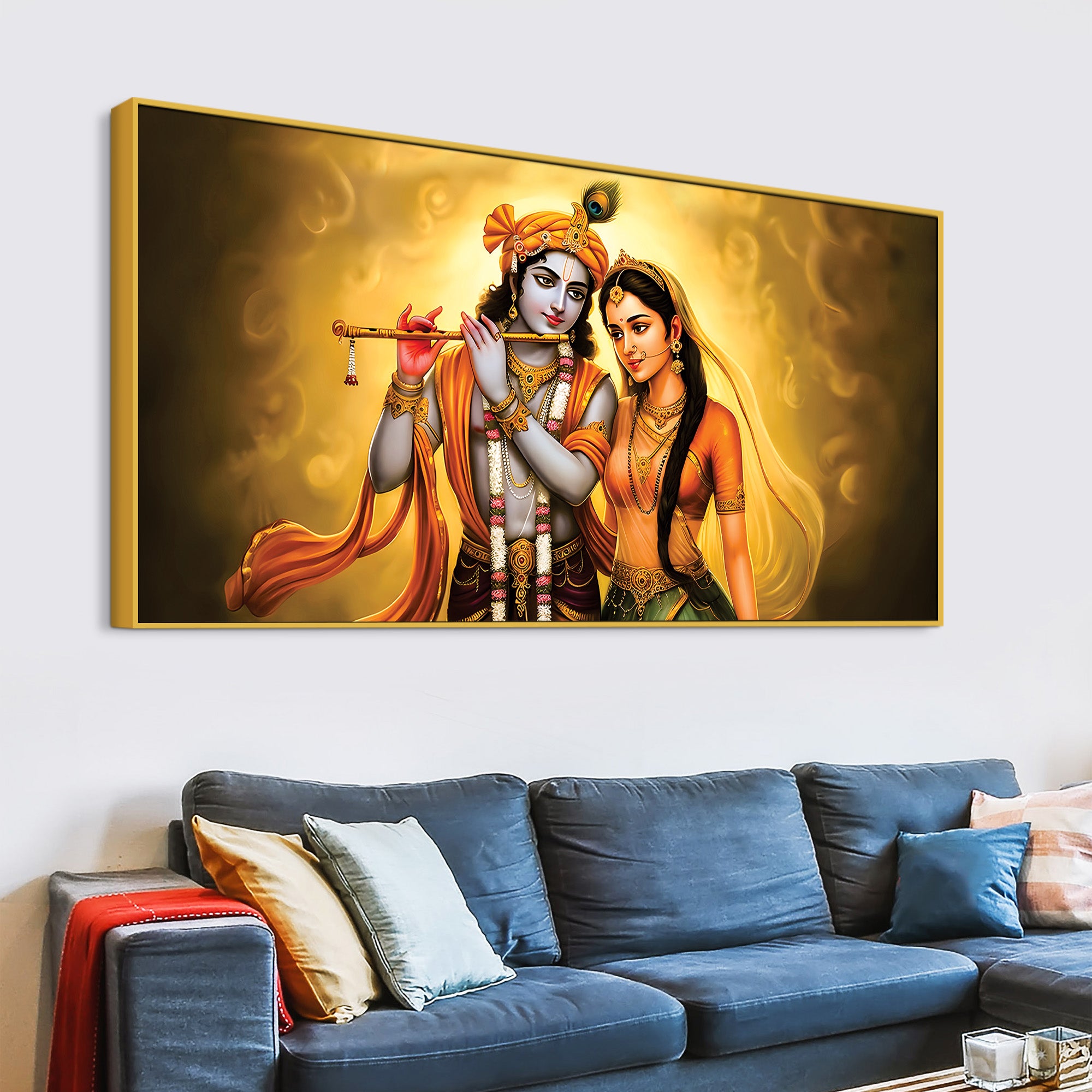Premium Radha Krishna Devotional Painting with Golden Glow
