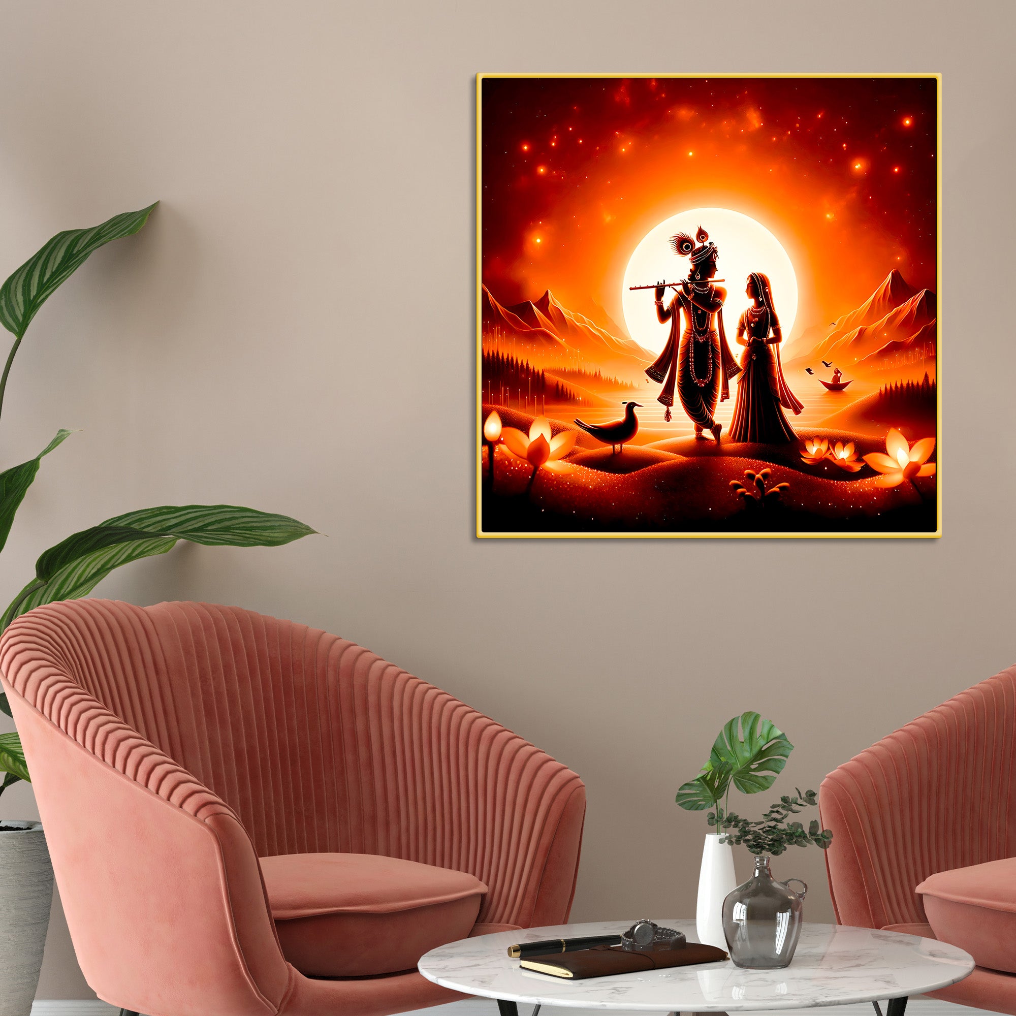 Premium Radha Krishna Sunset Landscape Canvas Wall Painting