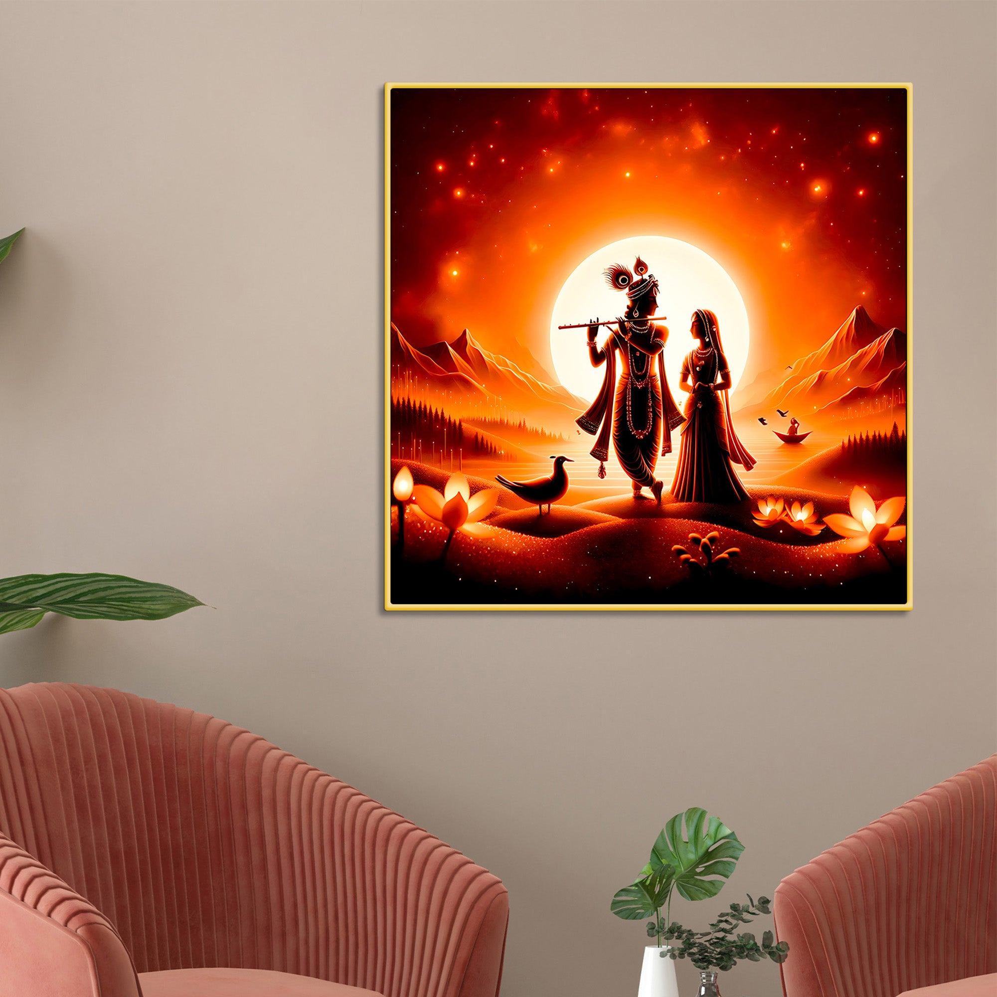  premium-radha-krishna-sunset-landscape-canvas-wall-painting