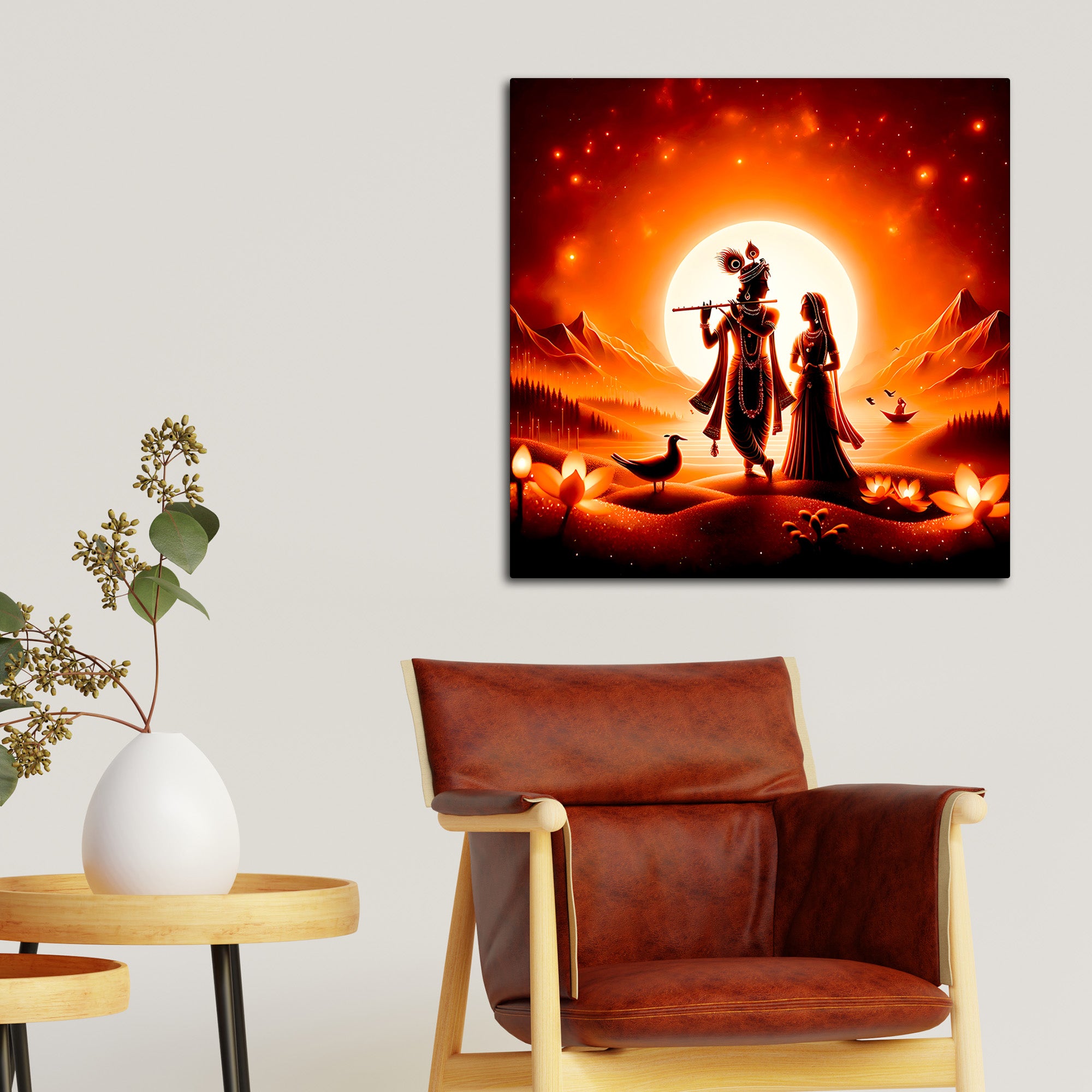Premium Radha Krishna Sunset Landscape Canvas Wall Painting