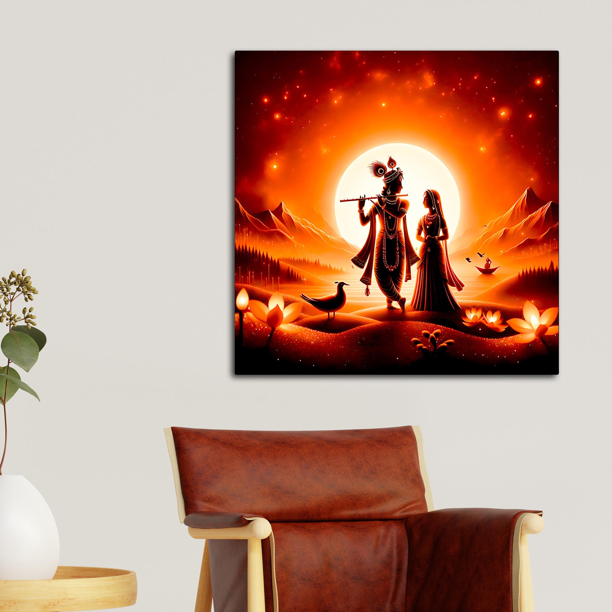 Premium Radha Krishna Sunset Landscape Canvas Wall Painting