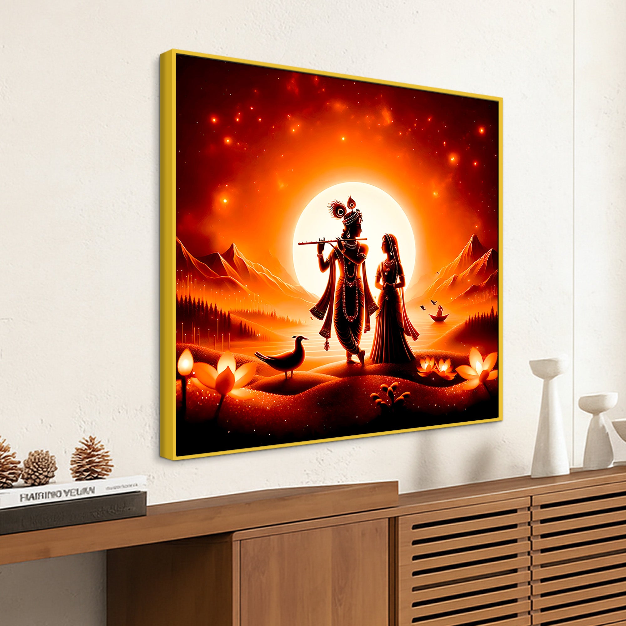 Premium Radha Krishna Sunset Landscape Canvas Wall Painting