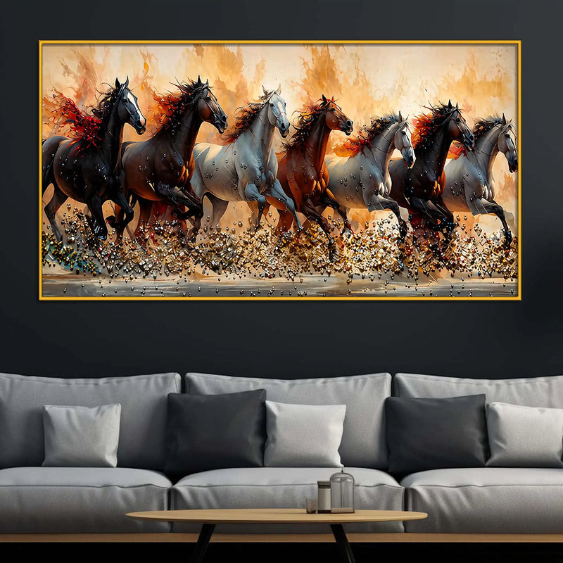 Premium Seven Horses Floating Frame Crystal Wall Art Painting