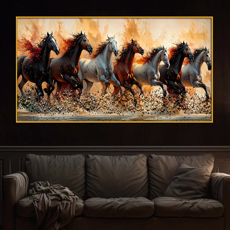 Premium Seven Horses Floating Frame Crystal Wall Art Painting