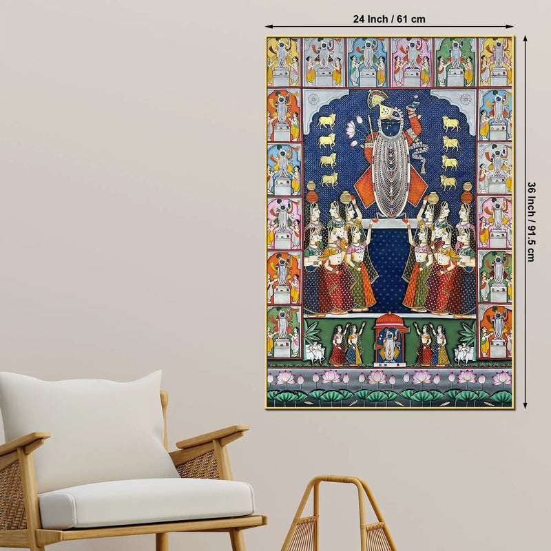 Premium Shrinathji Devotional Pooja Scene Pichwai Canvas Wall Painting