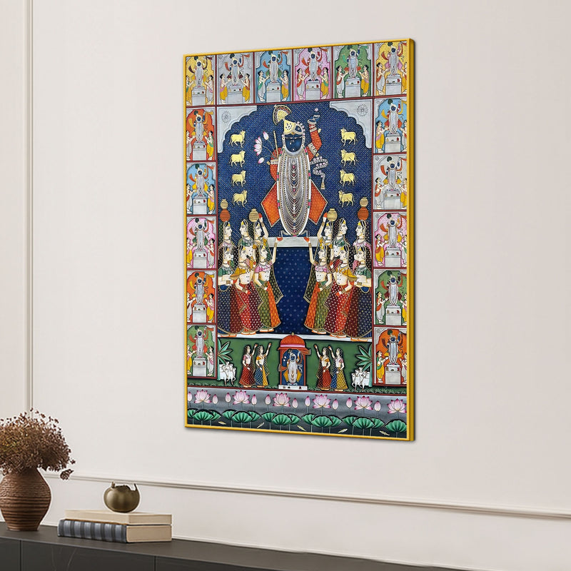 Premium Shrinathji Devotional Pooja Scene Pichwai Canvas Wall Painting