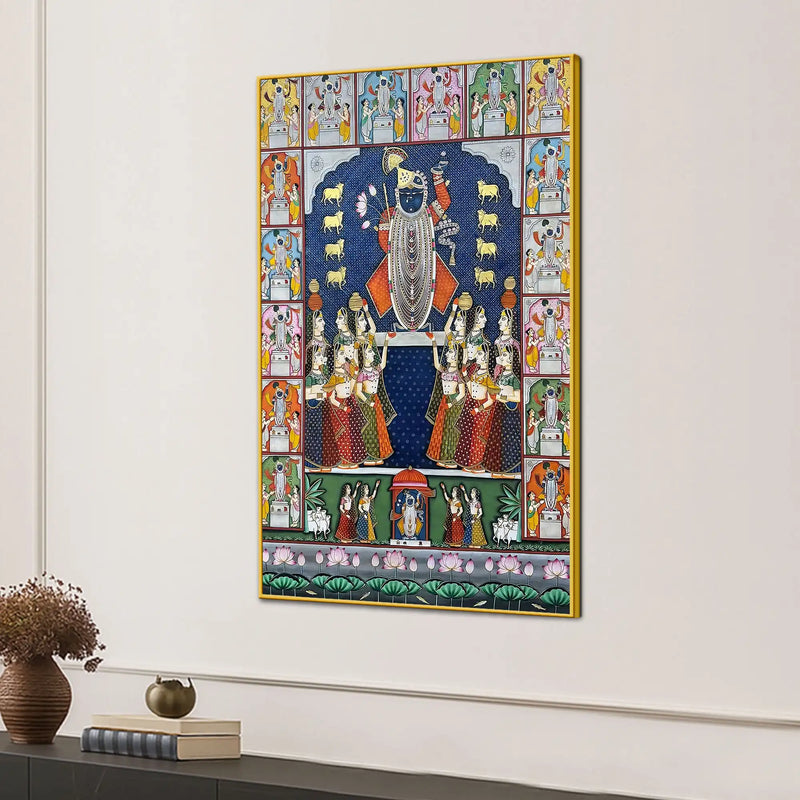 Premium Shrinathji Devotional Pooja Scene Pichwai Canvas Wall Painting