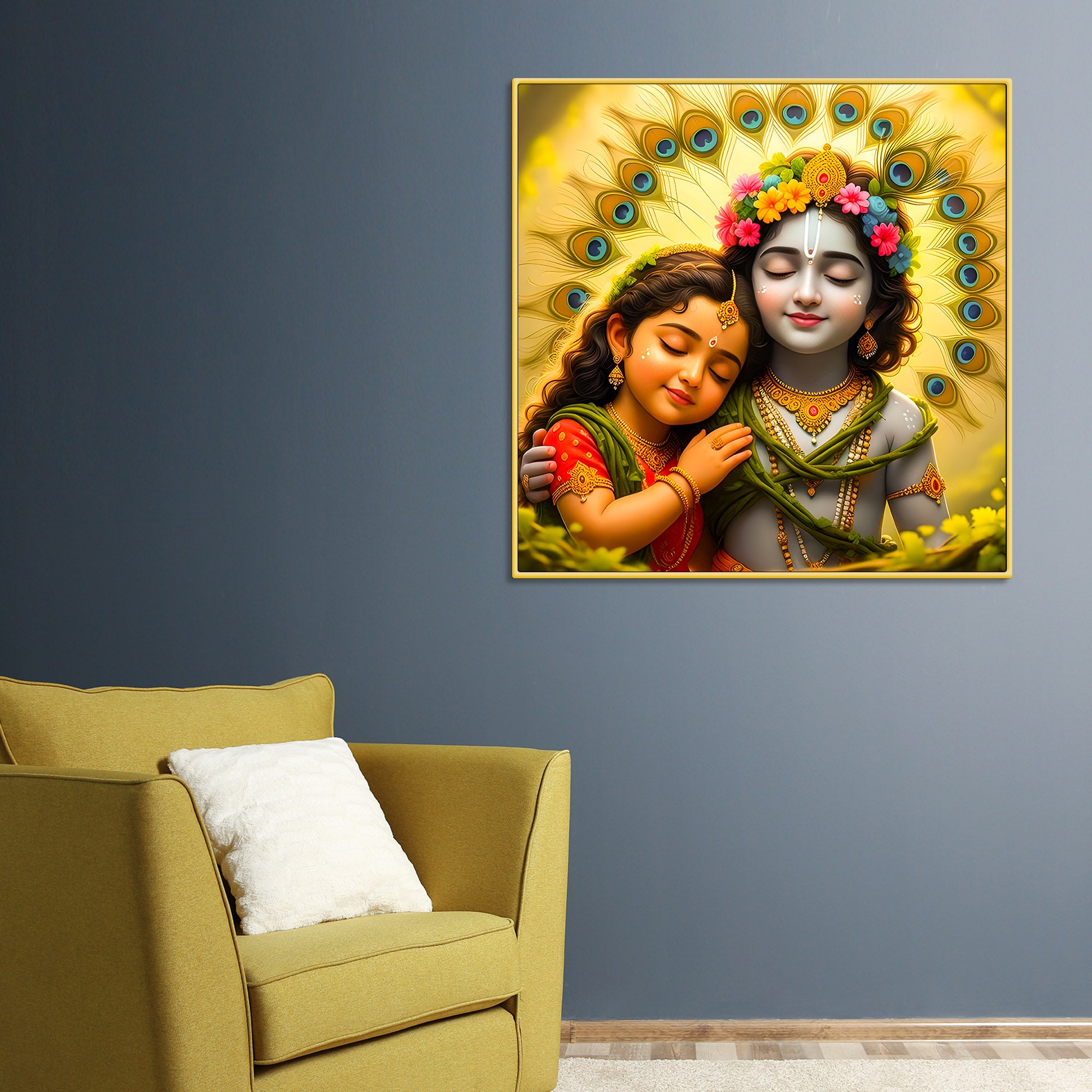 Premium Spiritual Little Radha Krishna Devotional Love Canvas Wall Painting