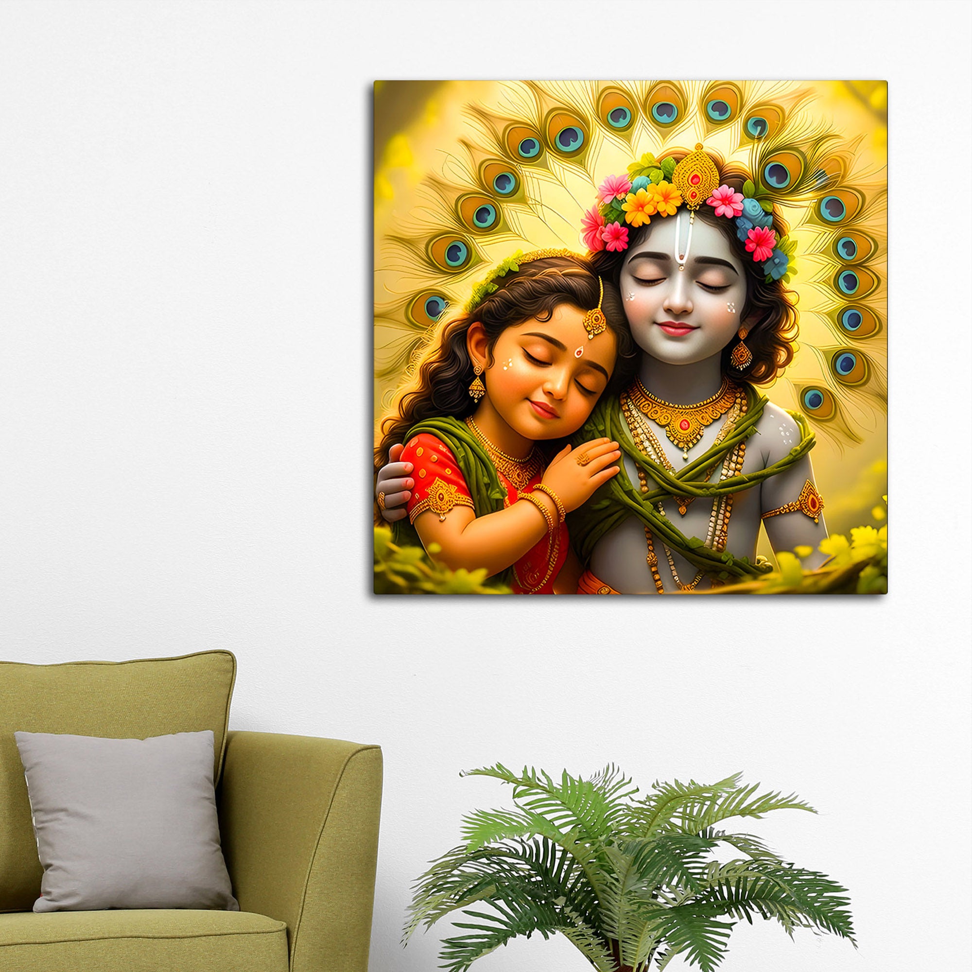Premium Spiritual Little Radha Krishna Devotional Love Canvas Wall Painting