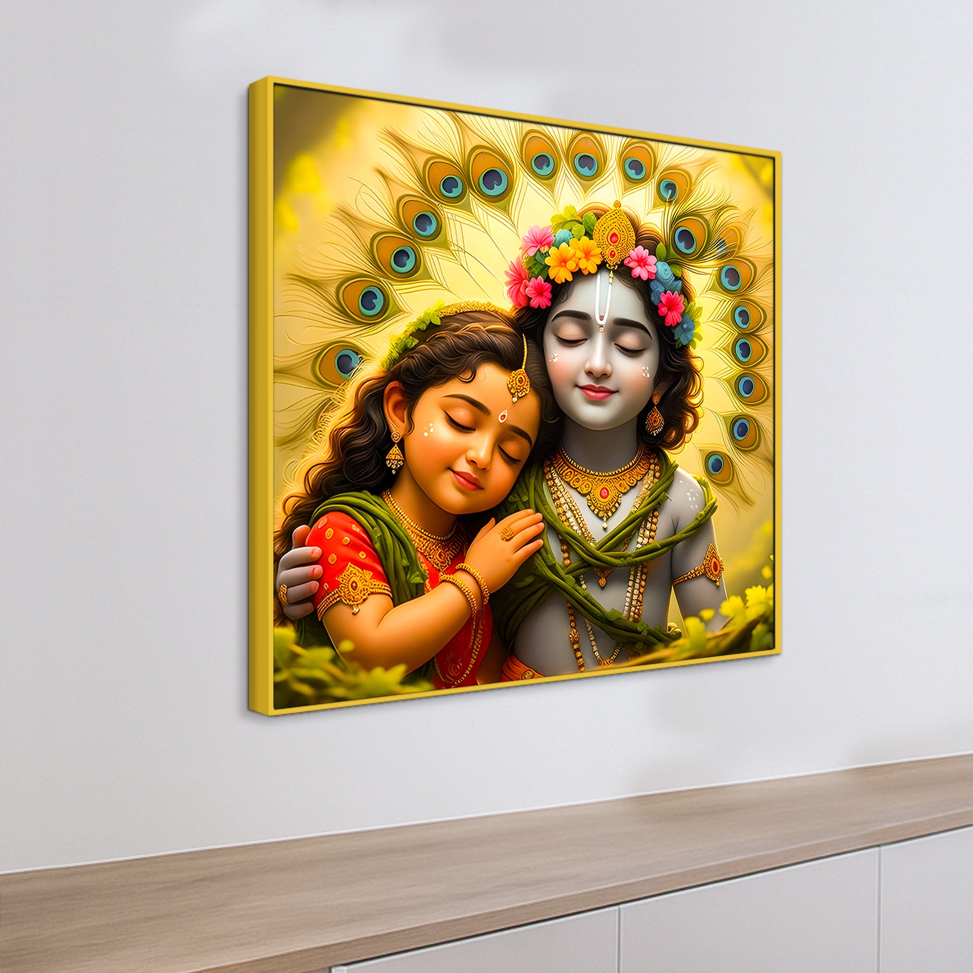 Premium Spiritual Little Radha Krishna Devotional Love Canvas Wall Painting
