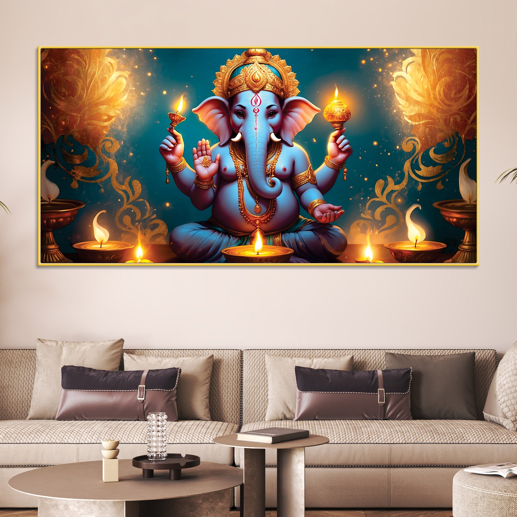 Premium Spiritual Lord Shri Ganesha Sitted with Diyas Devotional Canvas Wall Painting for Home & Offices – Luxury Spiritual Décor