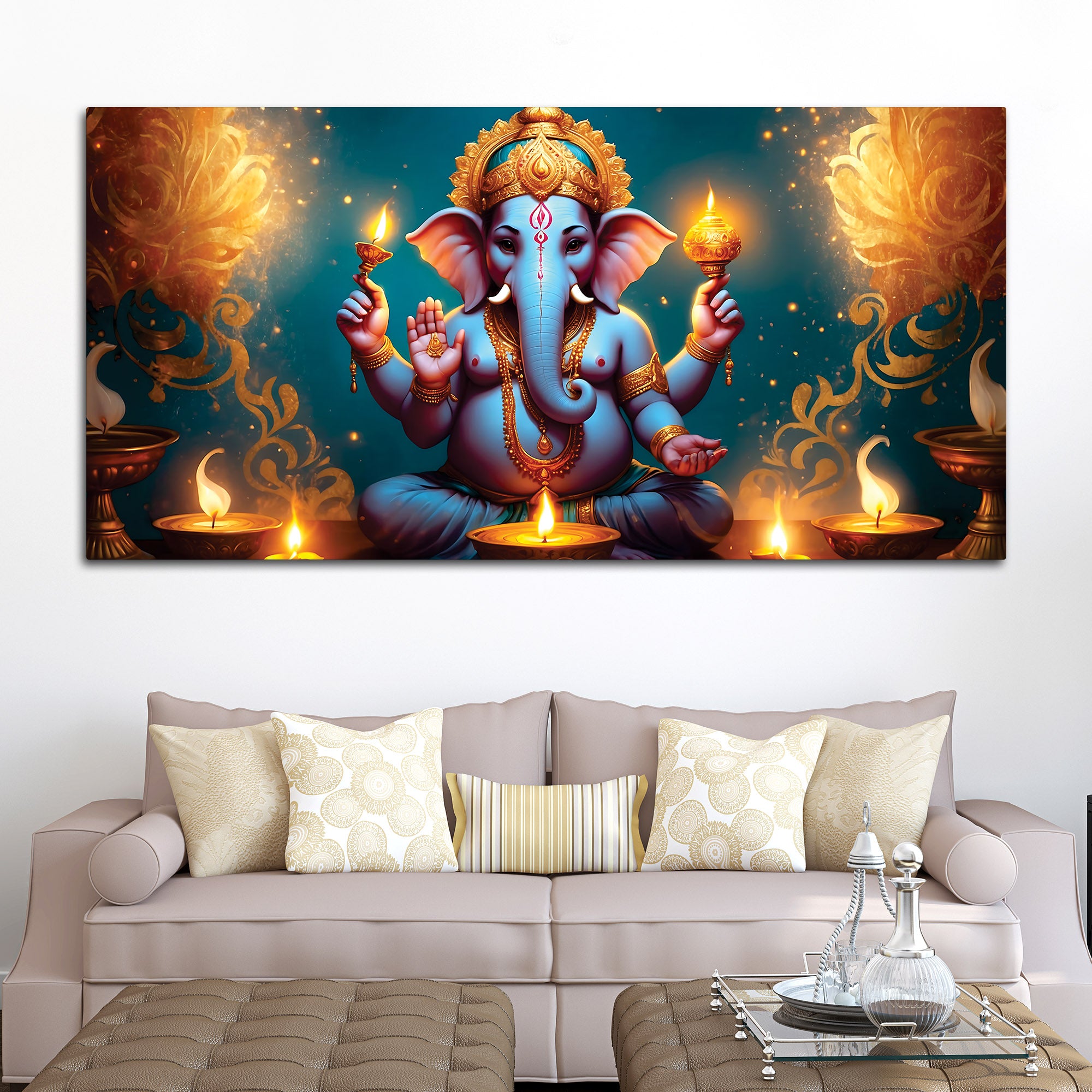 Premium Spiritual Lord Shri Ganesha Sitted with Diyas Devotional Canvas Wall Painting for Home & Offices – Luxury Spiritual Décor