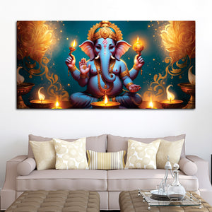 Premium Spiritual Lord Shri Ganesha Sitted with Diyas Devotional Canvas Wall Painting for Home & Offices – Luxury Spiritual Décor
