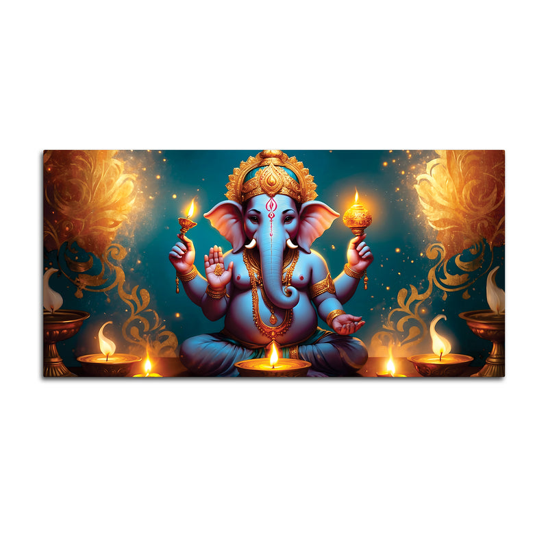 Premium Spiritual Lord Shri Ganesha Sitted with Diyas Devotional Canvas Wall Painting for Home & Offices – Luxury Spiritual Décor