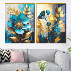 Premium Textural Blue Flower Artistic Acrylic Floating Wall Painting Set Of 2