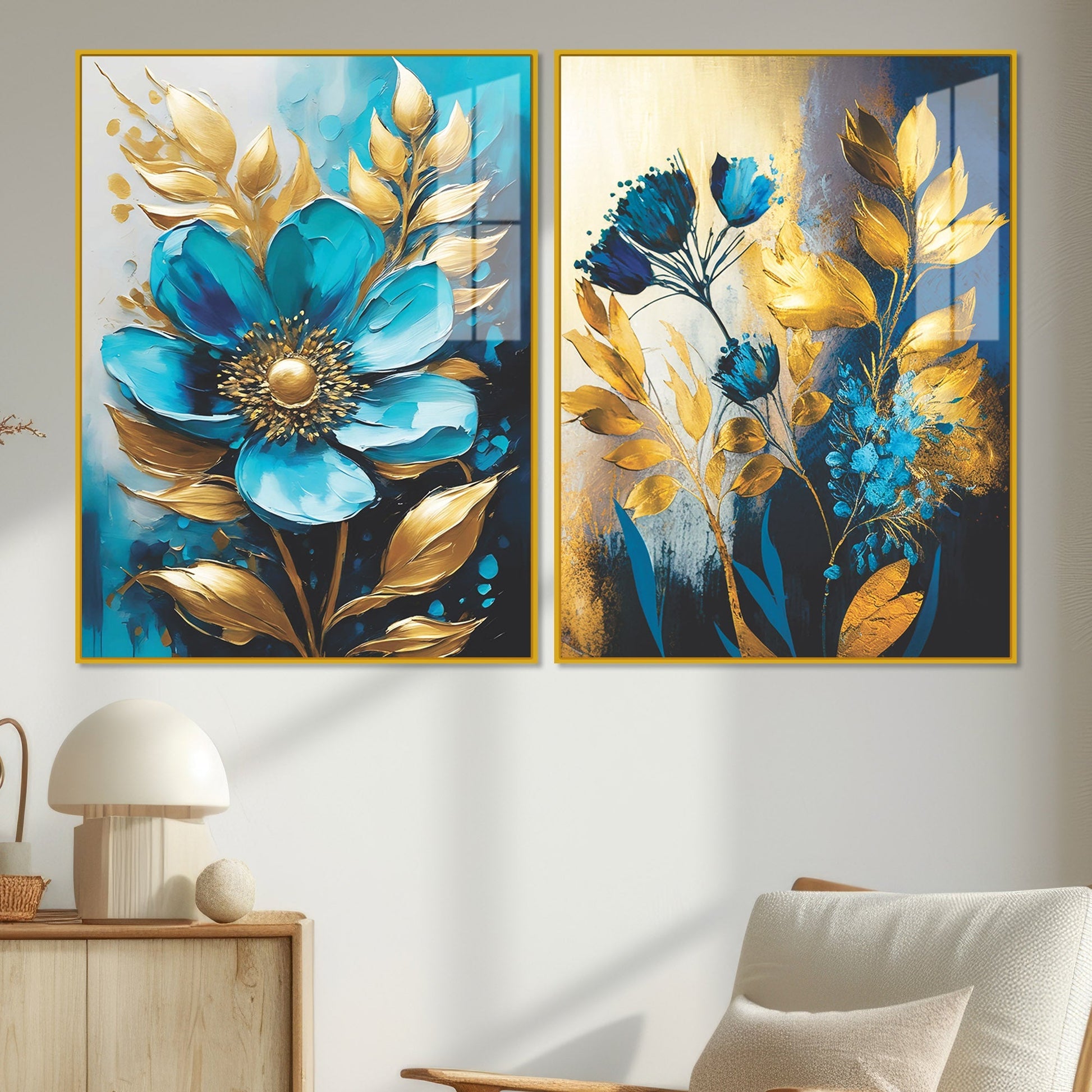 Premium Textural Blue Flower Artistic Acrylic Floating Wall Painting Set Of 2