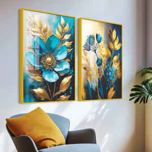 Premium Textural Blue Flower Artistic Acrylic Floating Wall Painting Set Of 2