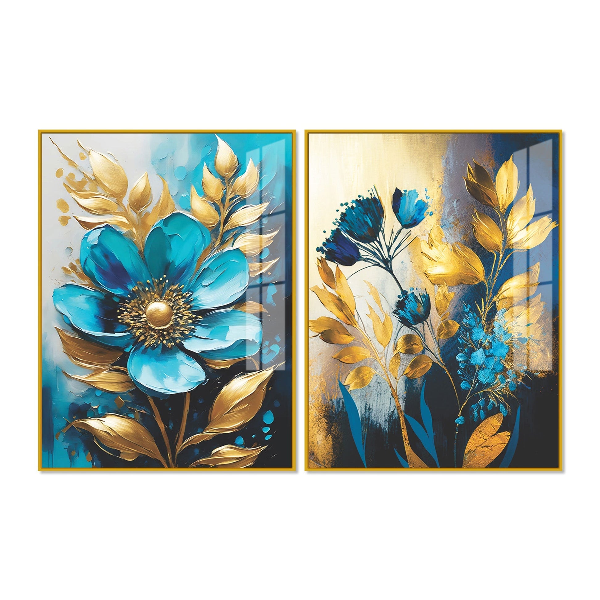 Premium Textural Blue Flower Artistic Acrylic Floating Wall Painting Set Of 2