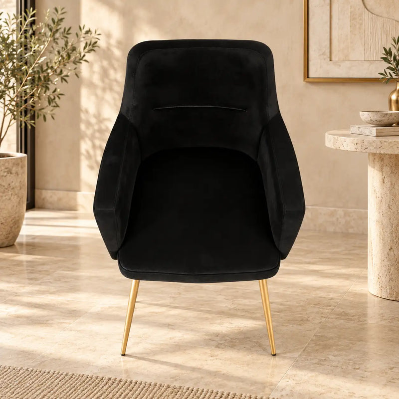 Premium Velvet Black Accent Chair with Golden Finish Legs