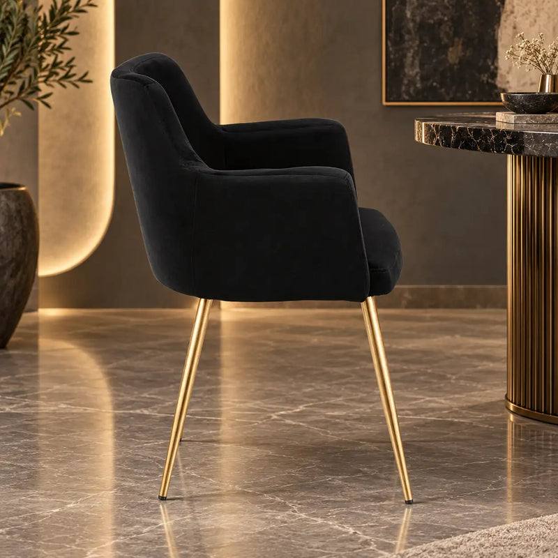 Premium Velvet Black Accent Chair with Golden Finish Legs