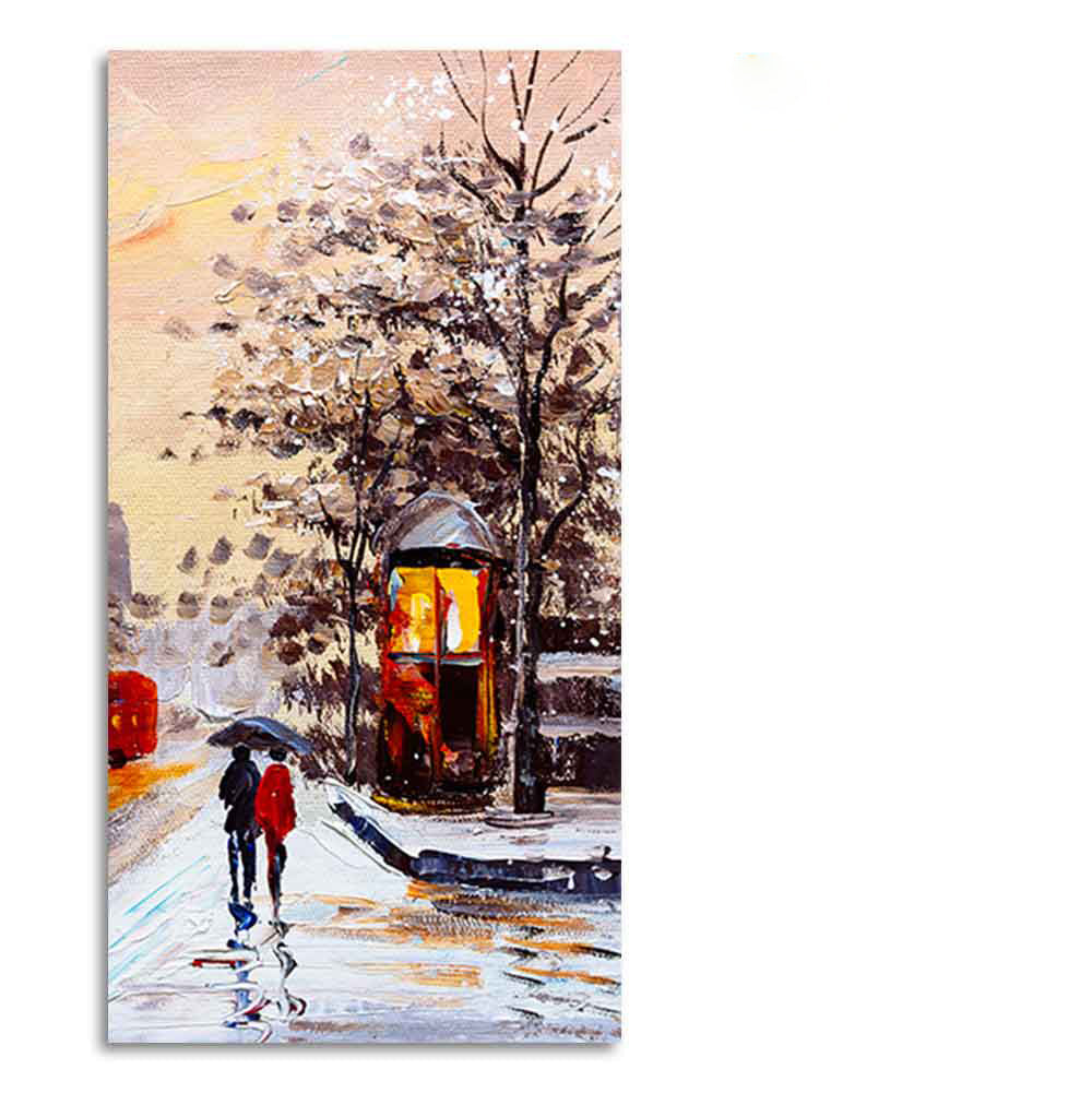 Premium Wall Canvas Painting of a Couple Walking in Snowfall