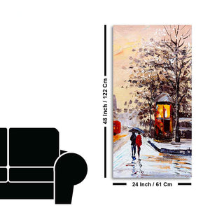 Premium Wall Canvas Painting of a Couple Walking in Snowfall