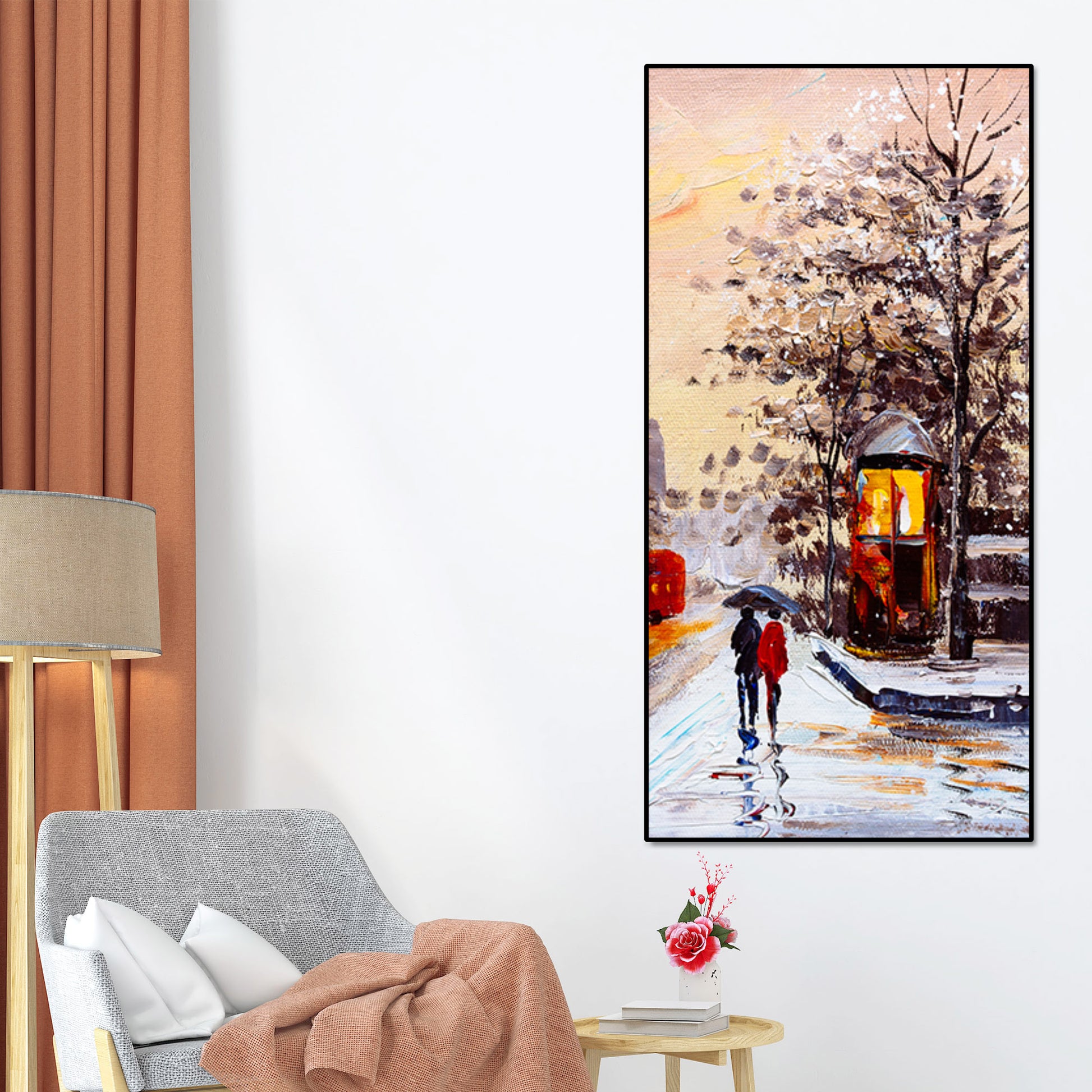 Premium Wall Canvas Painting of a Couple Walking in Snowfall