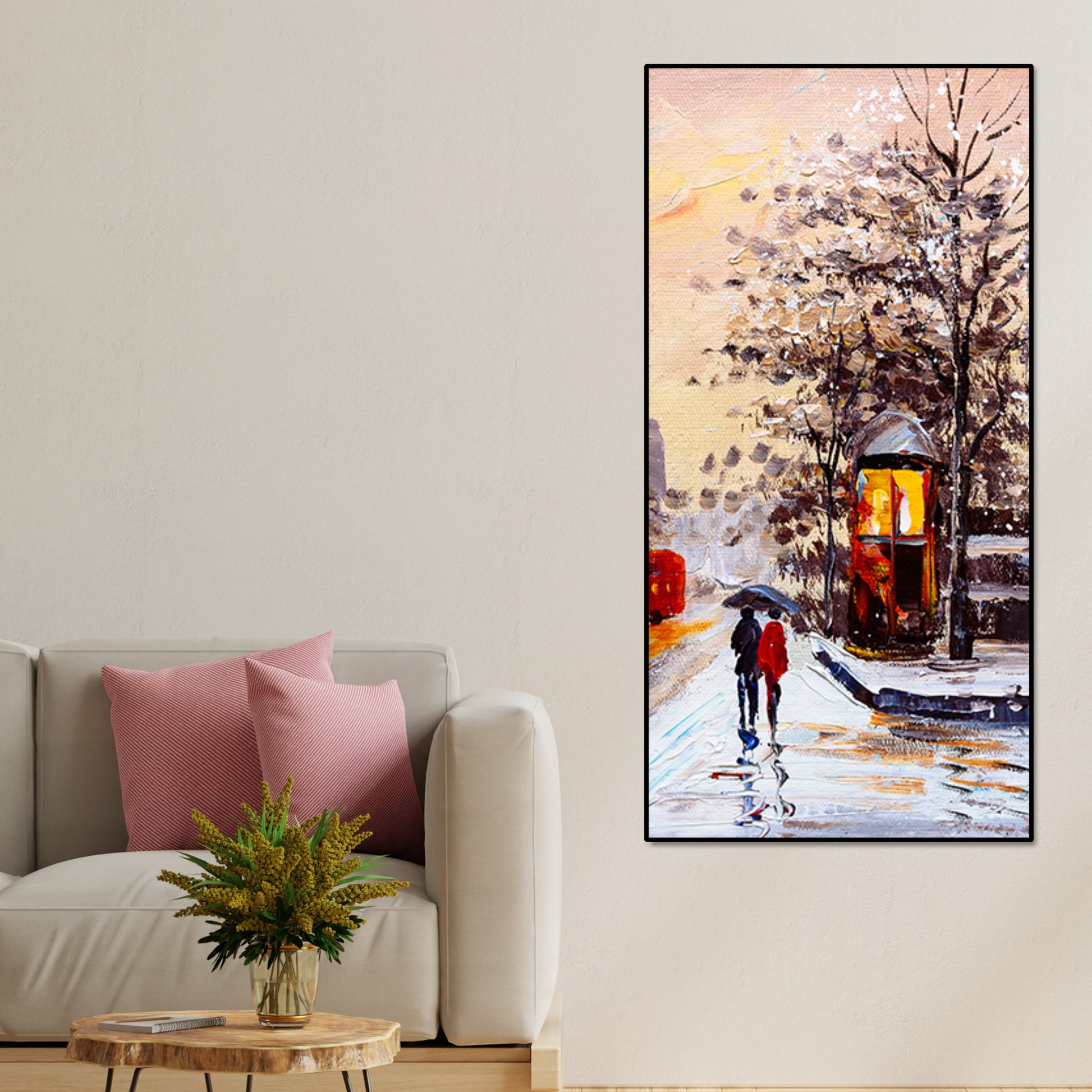 Premium Wall Canvas Painting of a Couple Walking in Snowfall