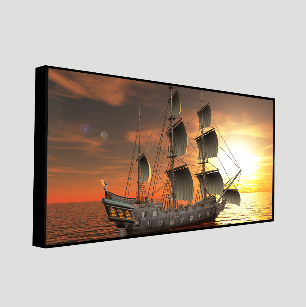 Premium Wall Painting of 3D Sailing Ship in Sunset