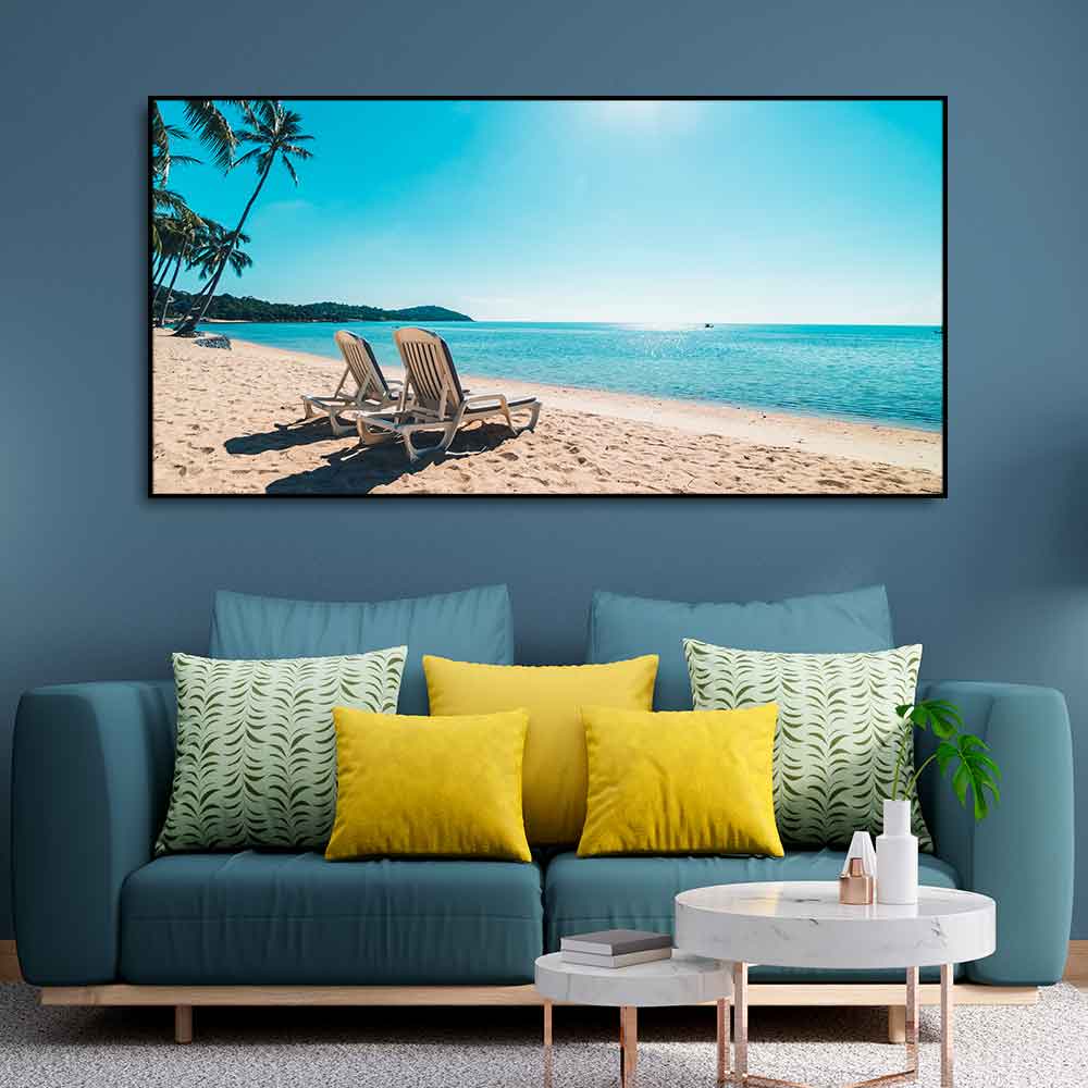 Premium wall Painting of Beautiful Beach with Chair & Blue Sky